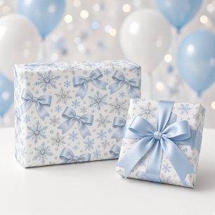 Blauw lint Winter Wonderland Sneeuwvlok Patroon Cadeaupapier