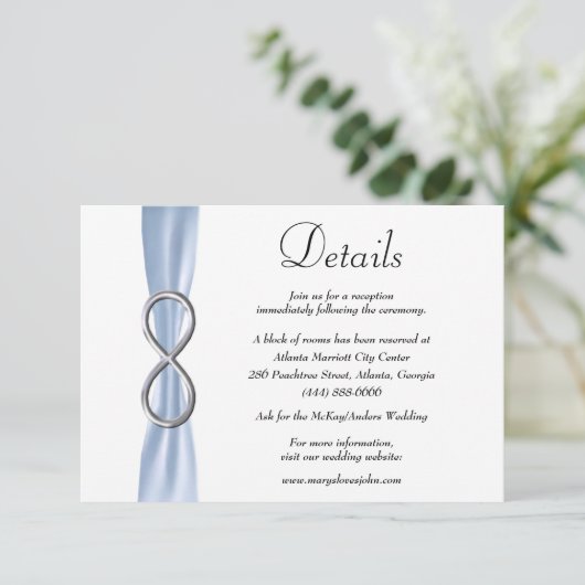 Blauw Lint Zilver Infinity Bruiloft Details Informatiekaartje (Staand voorkant)