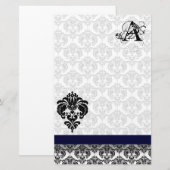 Blauw lint Zwart Damast Monogram Gerecycled papier (Voorkant / Achterkant)