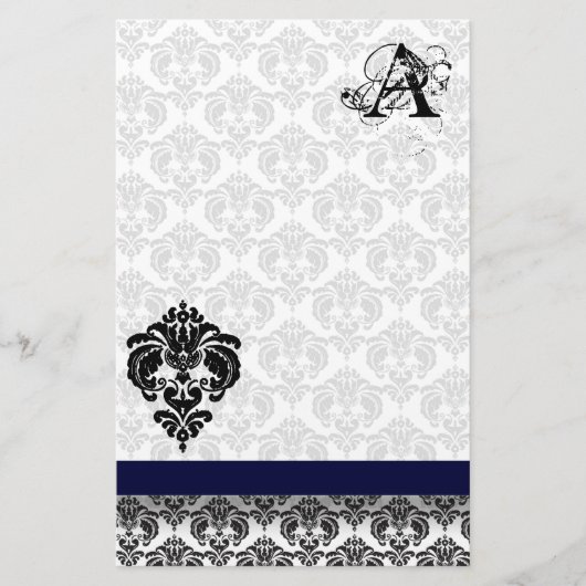 Blauw lint Zwart Damast Monogram Gerecycled papier (Voorkant)