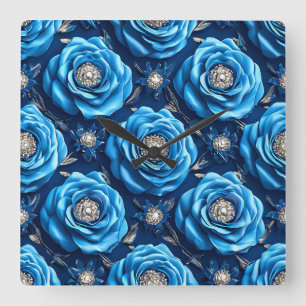 Blauw Luxe Roos Design Modern Vierkante Klok