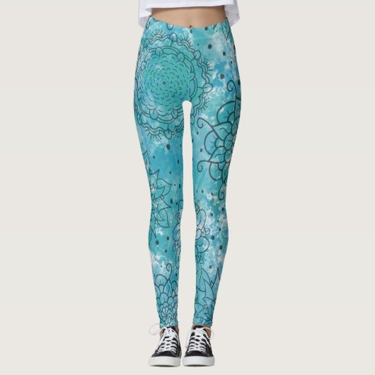  blauw Mandala Grunge Pattern Leggings (Voorkant)