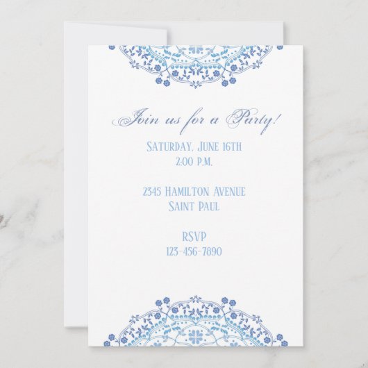 Blauw Mandala over witte uitnodiging (Voorkant)