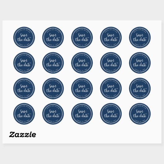 Blauw Manuscript en Witte Stripes sparen de Datum Ronde Sticker (Vel)