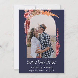 Blauw Marine   Avond Save the Date Pampas Gras Feestdagenkaart