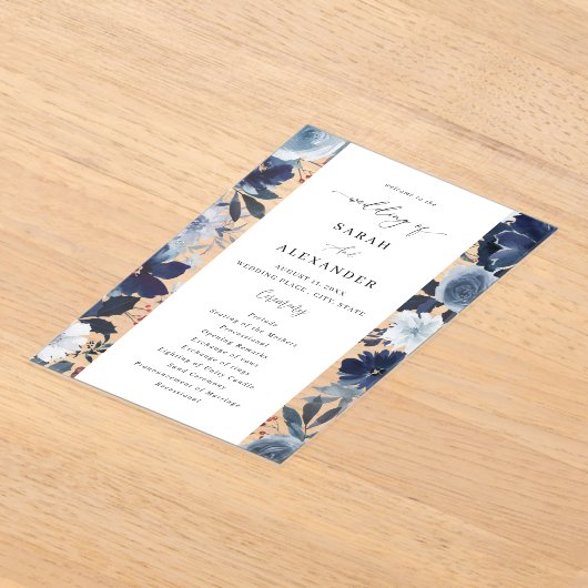 Blauw & Marine Bloemachtig Trouwprogramma van Acry Acryl Uitnodigingen (Laagn)