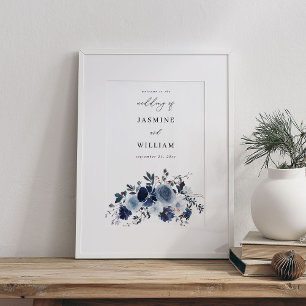 Blauw & Marine Bloemen Bruiloft Welkom Poster