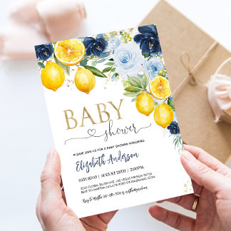 Blauw marine citroen citrus bloem baby shower uitn kaart
