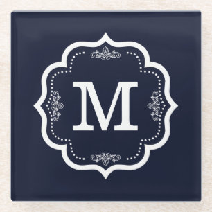 Blauw Marine Monogram Glazen Onderzetter