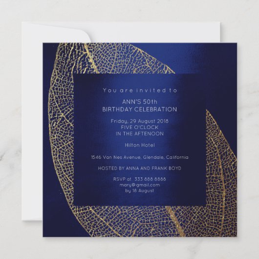 Blauw Marine Navy Blad Goud Verjaardagsfeest Kaart (Voorkant)