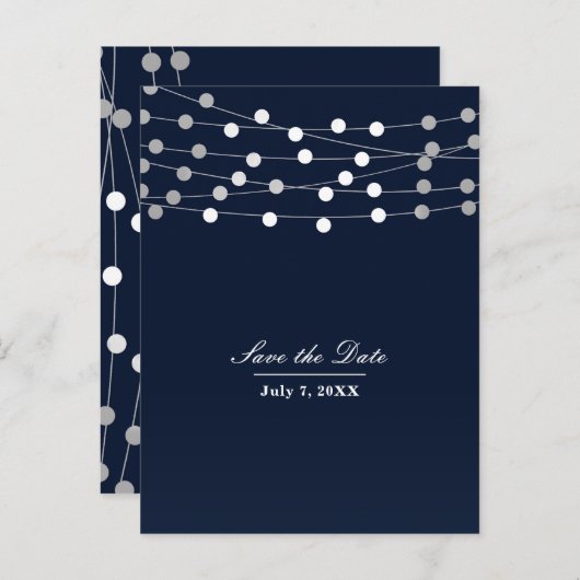 Blauw marine snoerlichten modern chic Save the Dat Aankondigingskaart (Voorkant / Achterkant)