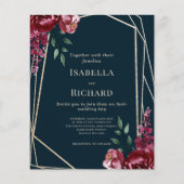 Blauw marine | Wijnrode bloemige trouwuitnodiging (Voorkant)