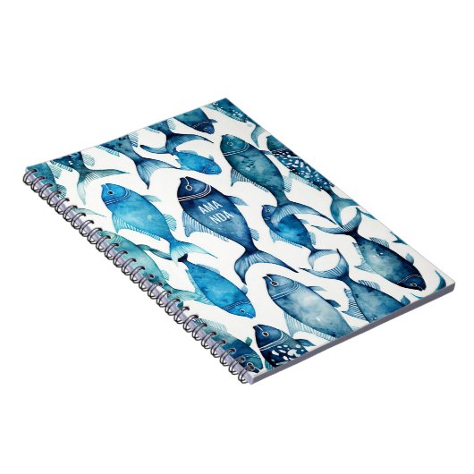 Blauw & Marineblauwe Oceaanvis | Zee Kinderen Scho Notitieboek (Rechterzijde)