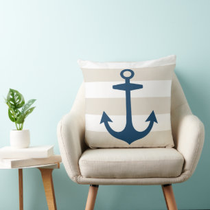 Blauw maritiem anker met beige strepen kussen
