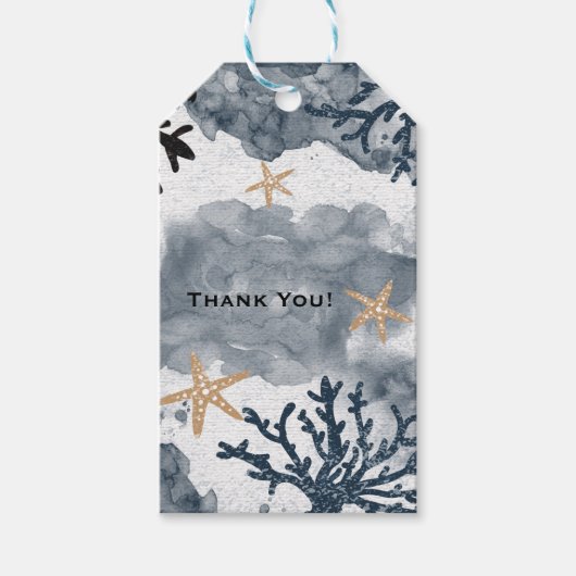 Blauw maritiem koraal aquarel elegante party cadeaulabel (Voorkant)