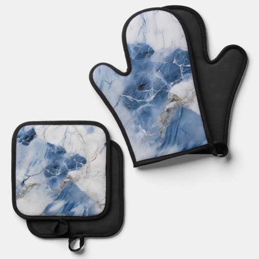 Blauw marmer abstract kustpatroon ovenwant & pannenlap set (Voorkant / Achterkant)