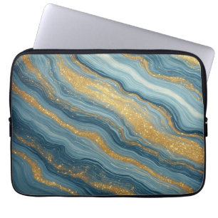 Blauw Marmer Abstract Met Gouden Aders Laptop Sleeve