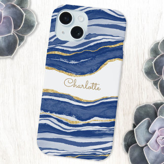 Blauw Marmer Agate Goud Glitter Persoonlijk iPhone 15 Hoesje