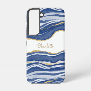 Blauw Marmer Agate Goud Glitter Persoonlijk Samsung Galaxy Hoesje