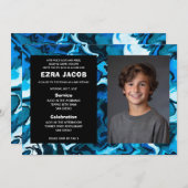 Blauw Marmer Custom FOTO Bar Bat Mitzvah Kaart (Voorkant / Achterkant)