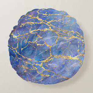 Blauw Marmer Goud Abstracte Textuur Rond Kussen