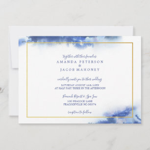 Blauw Marmer Ombre Gouden Frame Trouw Aankondiging
