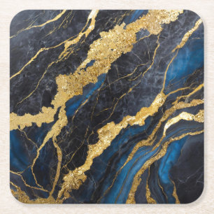 Blauw Marmer Patroon met Goud Vierkante Kartonnen Onderzetter