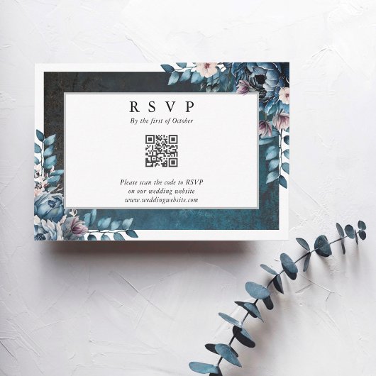 Blauw Marmeren Elegante Trouw-RSvp QR-code RSVP Kaartje