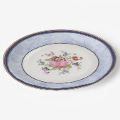 Blauw Marmeren Grens Roze Bloementuin Thee Feestje Papieren Bordje (Gekanteld)