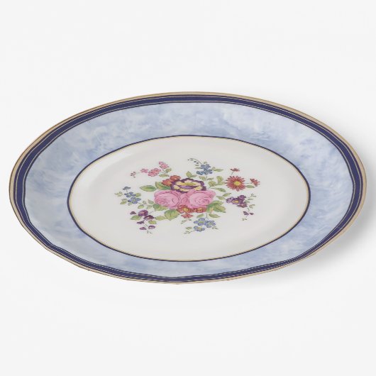 Blauw Marmeren Grens Roze Bloementuin Thee Feestje Papieren Bordje (Gekanteld)