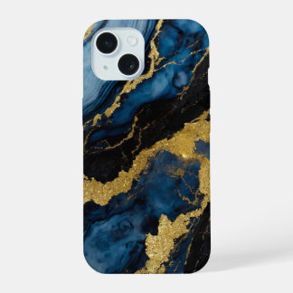 Blauw marmeren patroon met goud iPhone 15 hoesje