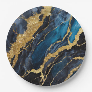 Blauw marmeren patroon met goud papieren bordje
