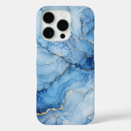 Blauw marmeren waterverfpatroon met gouden aders iPhone 16 pro hoesje