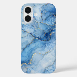 Blauw marmeren waterverfpatroon met gouden aders iPhone 16 hoesje