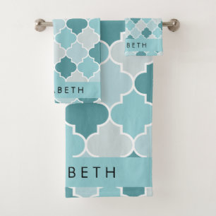 Blauw Marokkaans Trellis, Quatrefoil, Jouw naam Bad Handdoek