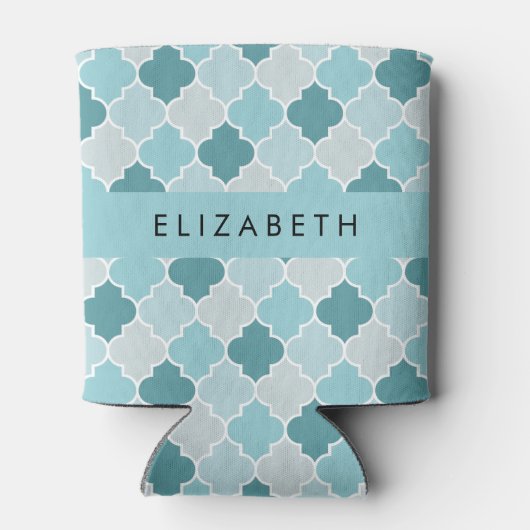 Blauw Marokkaans Trellis, Quatrefoil, Jouw naam Blikjeskoeler (Achterkant)