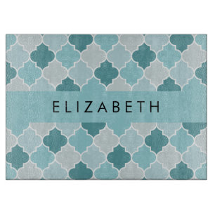 Blauw Marokkaans Trellis, Quatrefoil, Jouw naam Snijplank