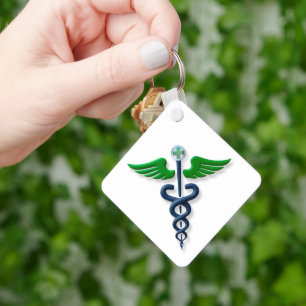 Blauw Medisch Stijlvol Caduceus Groene Vleugels Kr Sleutelhanger