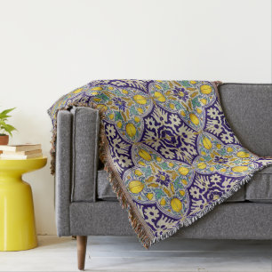 Blauw mediterraan patroongele bloesems deken