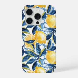 Blauw Mediterraan stijl citroenpatroon iPhone hoes 15 Pro Hoesje