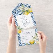 Blauw Mediterraan Tegels Italiaans Citroen Huwelij All In One Uitnodiging (Afscheurbaar)