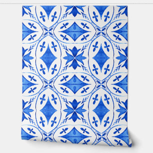 Blauw mediterraan waterverf tegel patroon behang