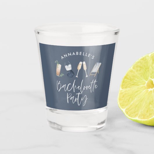 Blauw meisje-modern cocktailscript bachelorette shot glas (Voorkant)