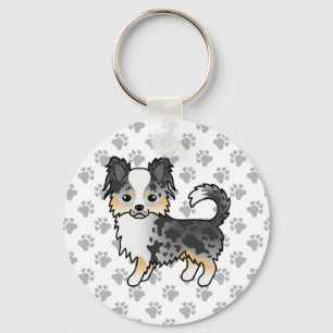 Blauw Merle Langharige Chihuahua Cartoon Hond & Po Sleutelhanger