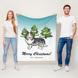 Blauw Merle Sheltie Cartoon Hond In Winter & Tekst Fleece Deken