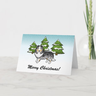 Blauw Merle Sheltie Cartoon Hond In Winter & Tekst Kaart