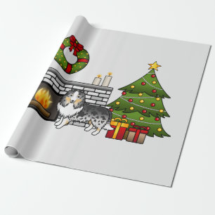Blauw Merle Shetland Schaapshond In Een Kerst Kame Cadeaupapier