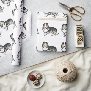 Blauw Merle Shetland Sheepdog Cartoon Hond Patroon Cadeaupapier