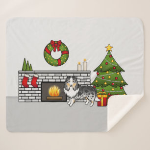Blauw Merle Shetland Sheepdog In Een Kerst Kamer Sherpa Deken
