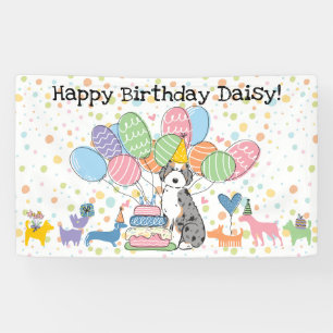 Blauw Merle Tan Aussiedoodle Hond Verjaardagsfeest Spandoek